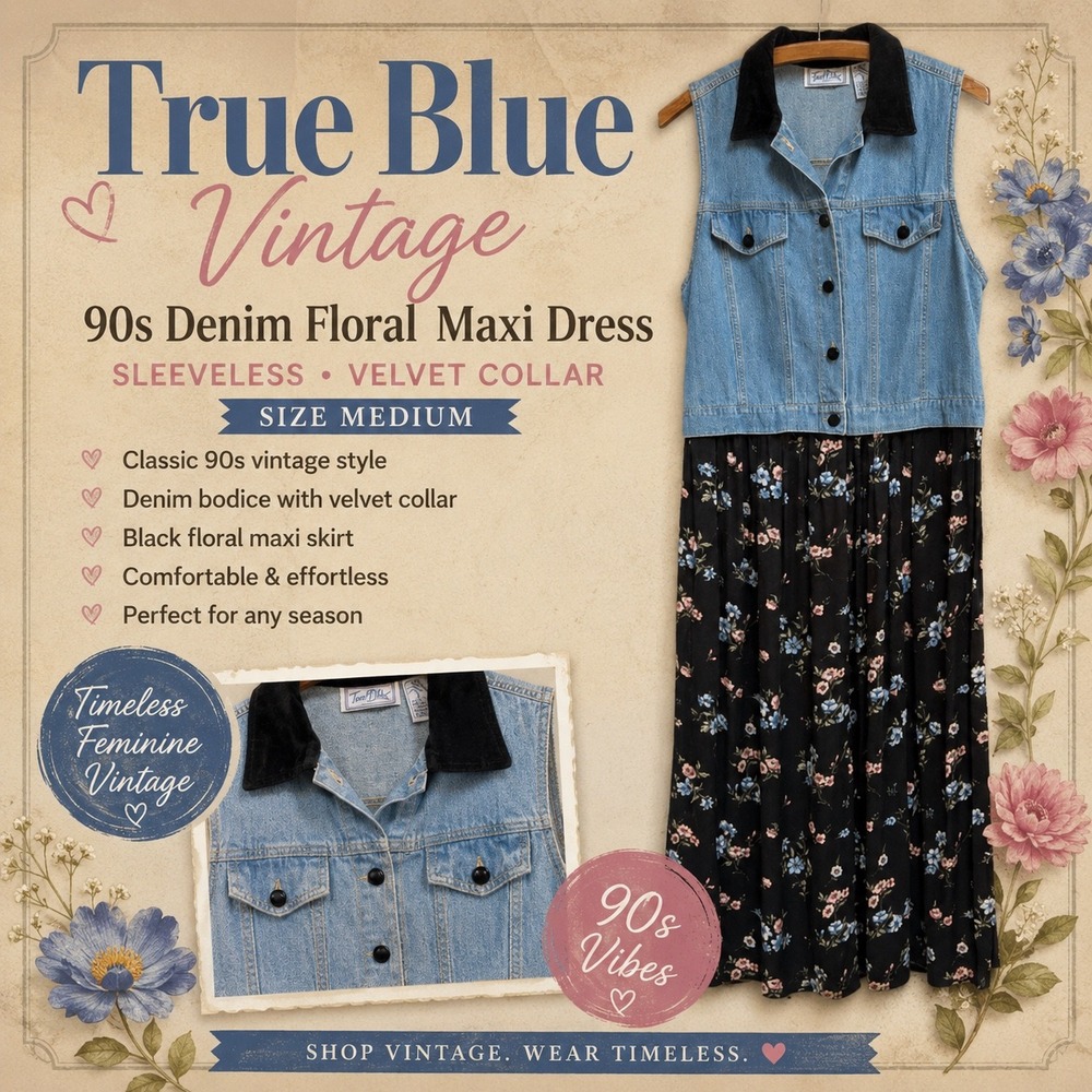 True Blue‎ Vintage 90s Denim Floral Maxi Dress Sleeveless Velvet Collar Medium